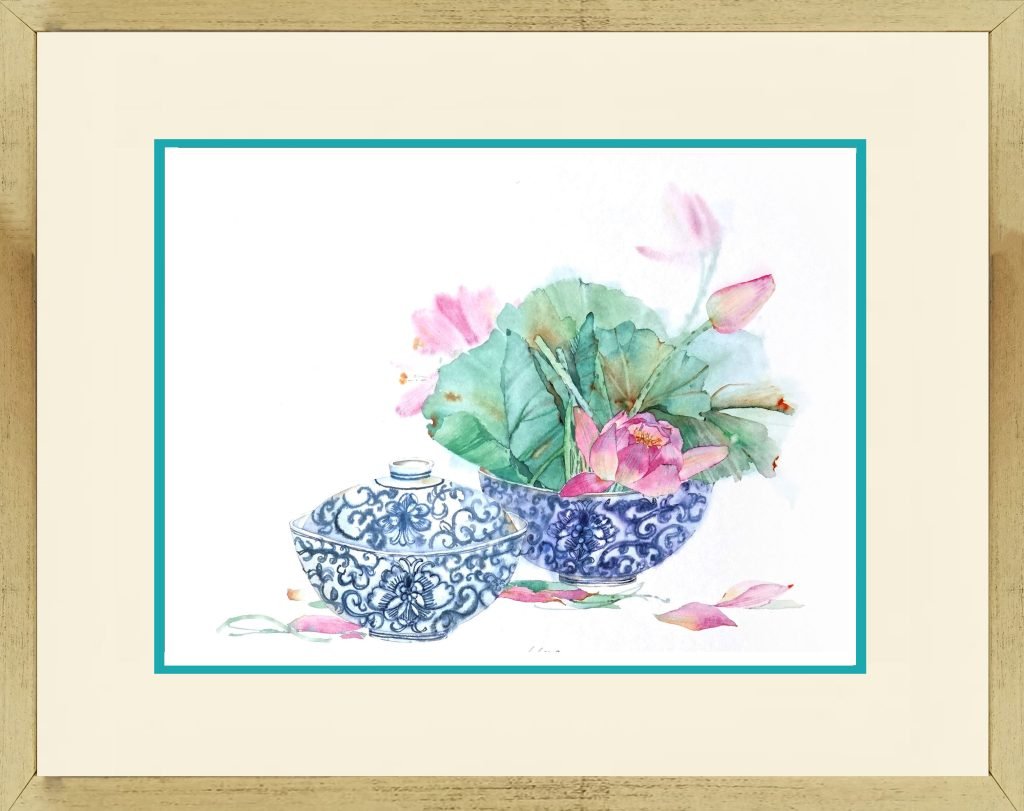 Watercolour Painting of Peranakan Blue & White Bowls with Lotus Flowers